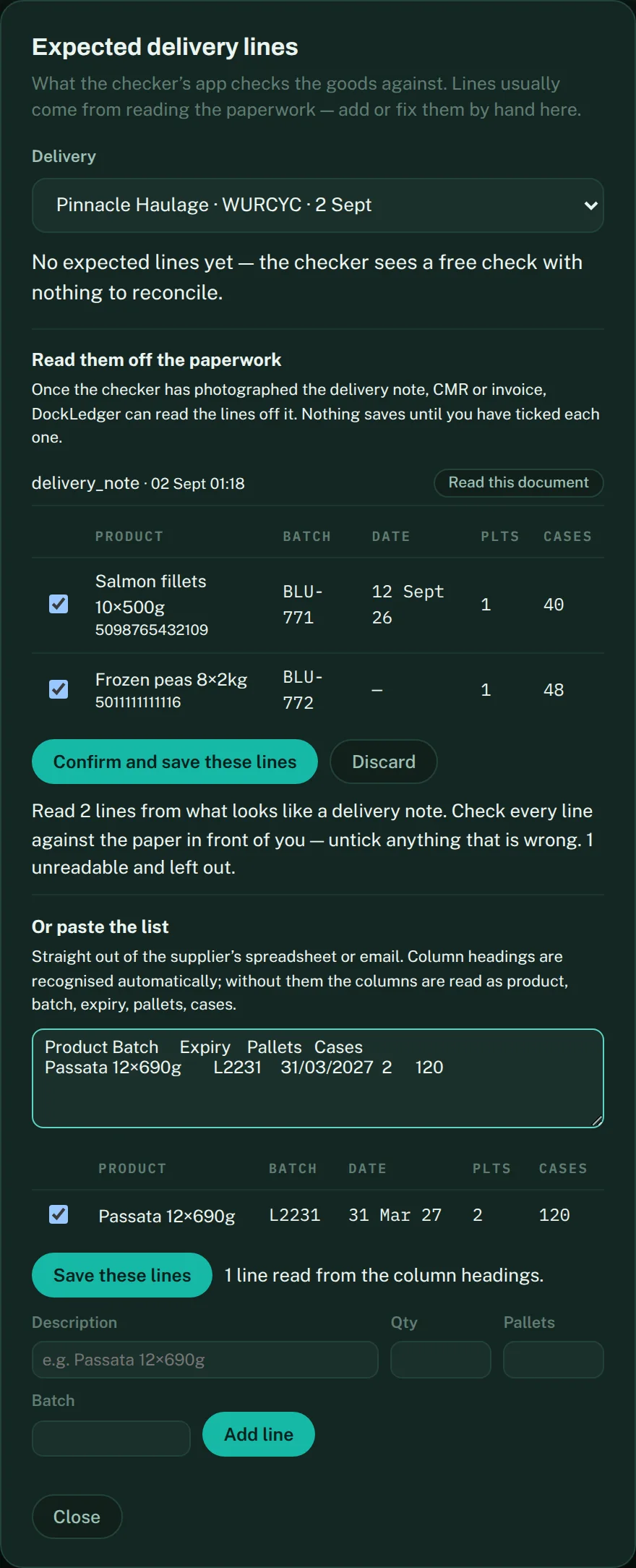 Expected delivery lines: the lines read off a photographed delivery note, each with a tick box, and a pasted list underneath