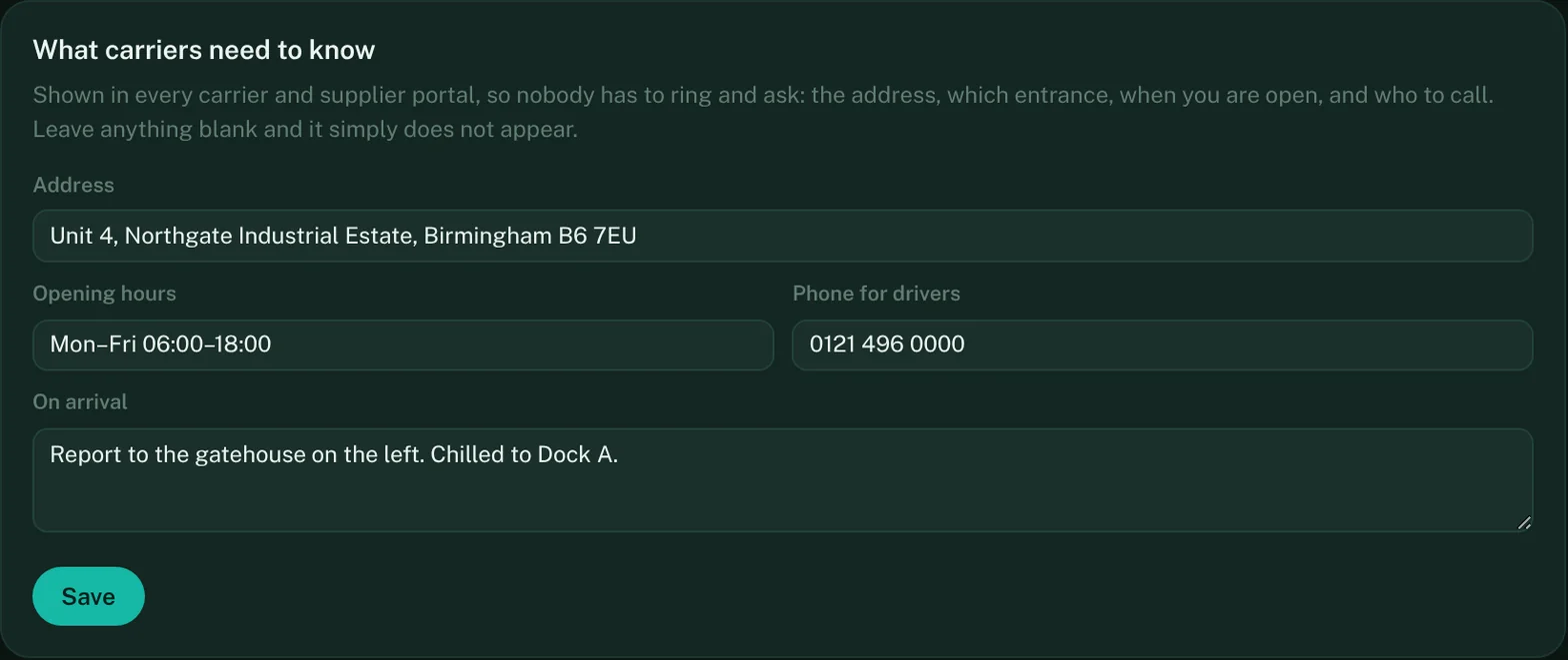 What carriers need to know: address, opening hours, a phone number for drivers and arrival notes, saved once for every portal